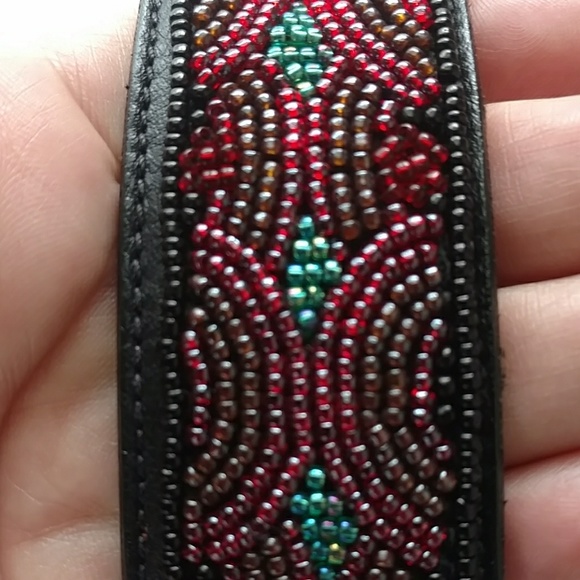 VTG 80s Ginnie Johansen Leather Beaded Panel Belt - Picture 3 of 5